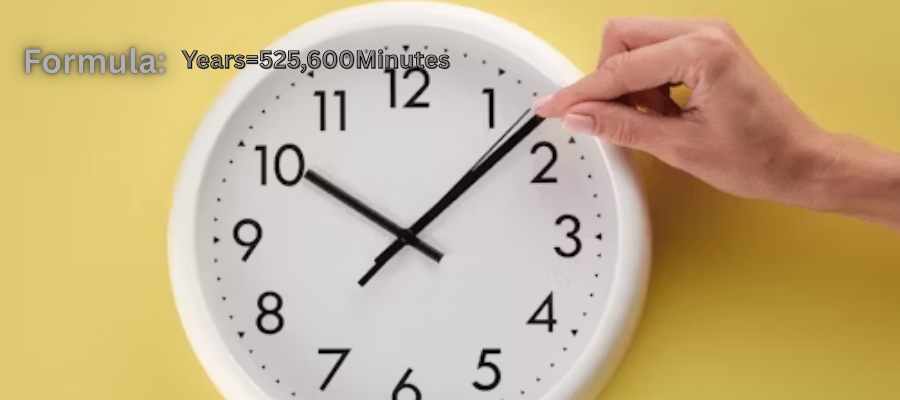 Hand adjusting a white wall clock with formula text showing minutes to years conversion