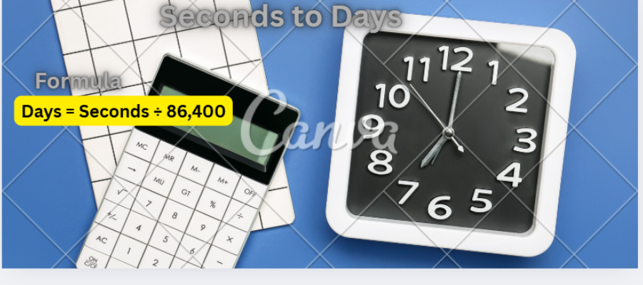 Calculator and analog clock showing time conversion from seconds to days